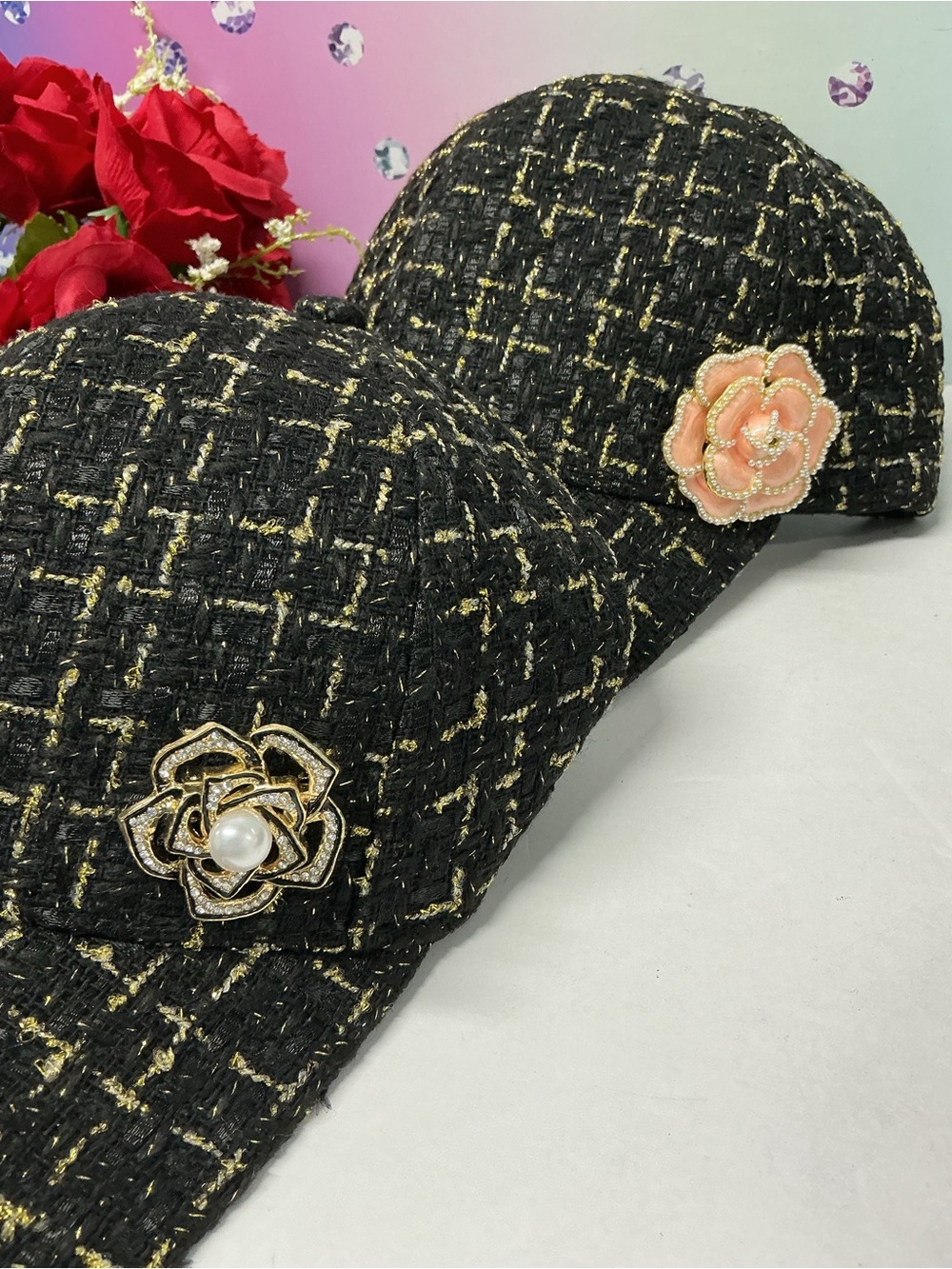 🔥OOAK CUSTOM TWEED CAMELLIA FLOWER HAT - Picture 9 of 13